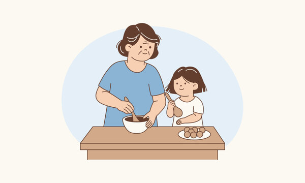 Generations Together Grandmother Teaching Cooking Illustration