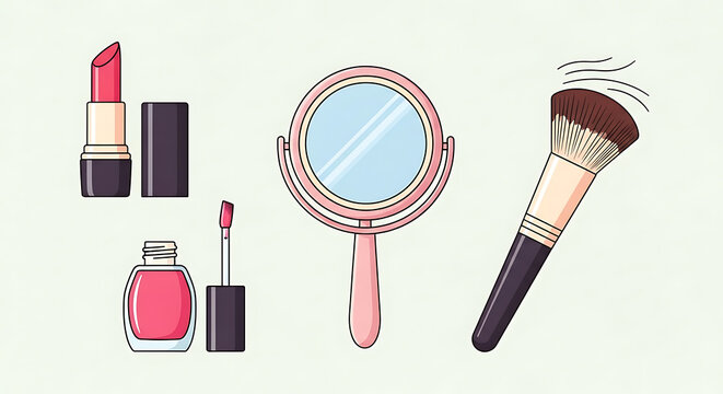 Cosmetic makeup tools illustration with presents colorful vector illustration beauty products including lipstick brush white background lipstick nail polish