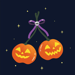 Fototapeta premium Halloween decoration with cute pumpkin and ribbon bow vector illustration.