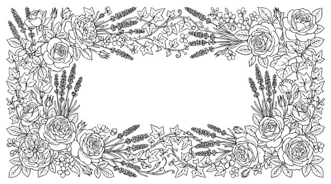 Hand Drawn Floral Border with Roses Lavender and Ivy Line Art Frame