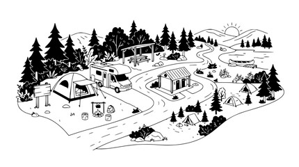 Fototapeta premium Rustic Campsite Scene with RV, Tents, Cabin, Lake, and Mountains - Line Art