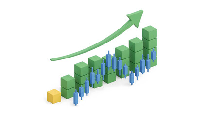 Fototapeta premium 3D Isometric Green Bar Graph with Candlestick Chart and Upward Ascending Arrow