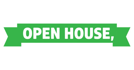 Open house sign with green ribbon banner and bold white typography isolated on white background perfect for real estate property advertisement and marketing. © Md Shohag Mia