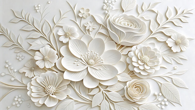Elegant white floral plaster relief wall art composition