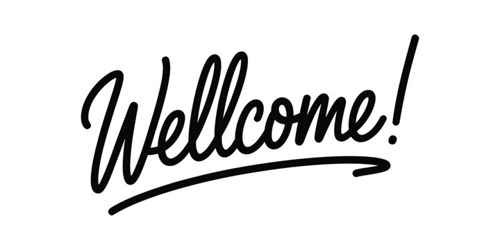 Black script cursive wellcome lettering design for greeting cards and invitations isolated on white background with elegant swirl and modern calligraphy style.