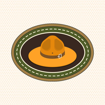Vintage Campaign Hat Merit Badge Vector, Scout Embroidery Achievement Patch, Outdoor Camping Emblem, Retro Embroidered Badge Design for Apparel, Stickers, Uniforms and Adventure Projects
