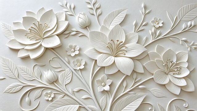 White flower bas relief sculpture on wall with sculpture