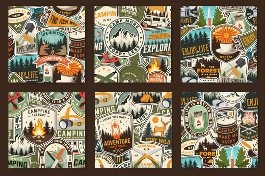 6 Seamless Vintage Camping Badge Patterns Vector, Retro Outdoor Adventure Sticker Collage Backgrounds for Fabric, Textile, Wallpaper, Wrapping Paper, Scrapbooking and Surface Pattern Design