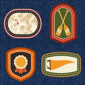 Vintage Scout Achievement Badge Collection Vector, Retro Camping Embroidery Patch Set with Topographic Map, Canoe Paddles, Award Ribbon and Pennant Symbols