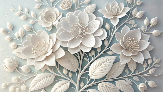 White floral bas-relief artwork with soft shadows, sculpture