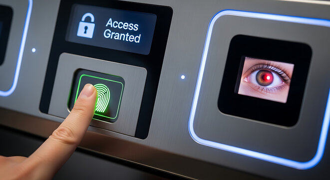 Finger pressing biometric scanner panel with access granted message and digital eye security system with authentication verification fingerprint