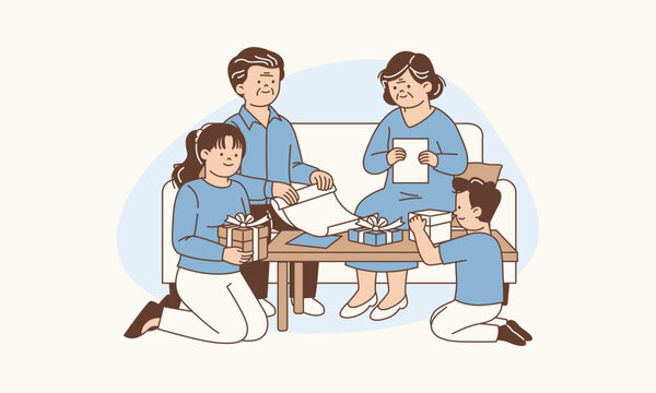 Generations Together Packing Gifts for Charity as Family Illustration