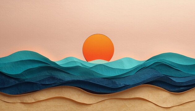 Vibrant papercut sunset background with ocean waves, sandy shore, and orange sun circle