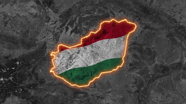 Hungary Map Highlight with Fiery Glowing Border on Black and White World Map