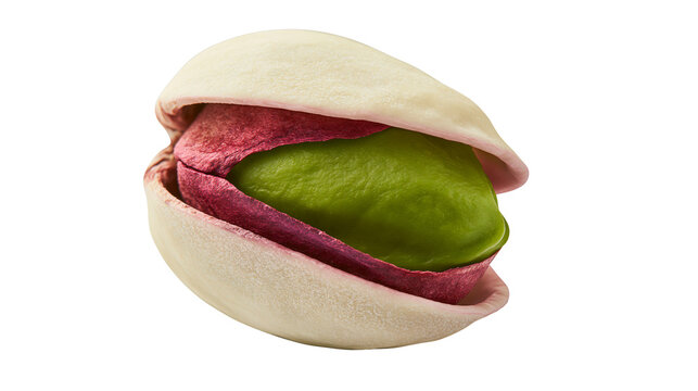 Single shelled pistachio nut with vibrant green kernel and pink skin, isolated on transparent background