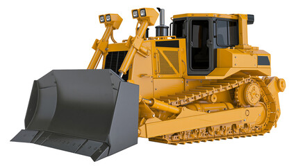 Yellow heavy-duty bulldozer with large metal blade, isolated on transparent background © iPNG