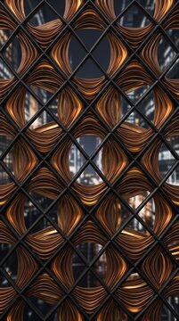 Seamless Abstract Bronze and Black Metallic Architectural Texture with Diamond Grid and Warm Backlight Vertical View.