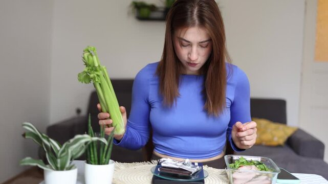 Girl weighs calories in celery and chocolate trying to decide whether to choose the healthy option or give in to a favorite sweet during weight loss