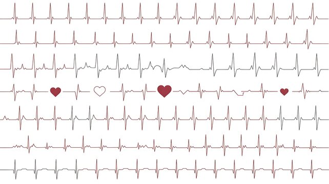 Electrocardiogram heartbeat pattern with red heart icons representing cardiac health and love