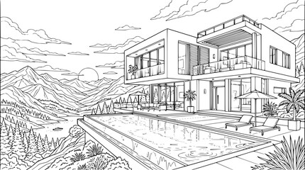 Fototapeta premium Modern Luxury Villa with Infinity Pool and Mountain View Coloring Page