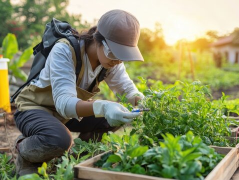 Gardener tending to herbs at sunset
