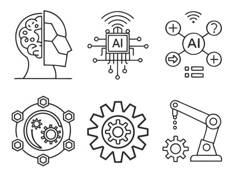 AI Automation Technology Icons  professional black line-art vector collection showing AI brain, robotic assistant, automated workflow, connected nodes, process arrows, smart gear, and machine learning