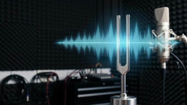 Tuning fork and energy concept ,Tuning fork sound wave microphone recording studio acoustic vibration frequency music technology