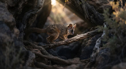 Fototapeta premium Small lemur balancing on a tree branch in a sunlit forest
