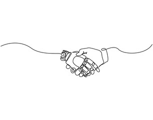 Obraz premium Continuous one line drawing of human hand shaking robot hand. One line drawing illustration of human and robot shaking hand. Human–Robot collaboration concept single line. Editable outline