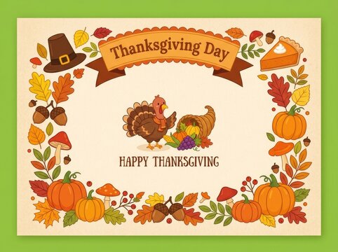 Festive thanksgiving greeting card design featuring a cute turkey cornucopia and colorful autumn harvest fall leaves
