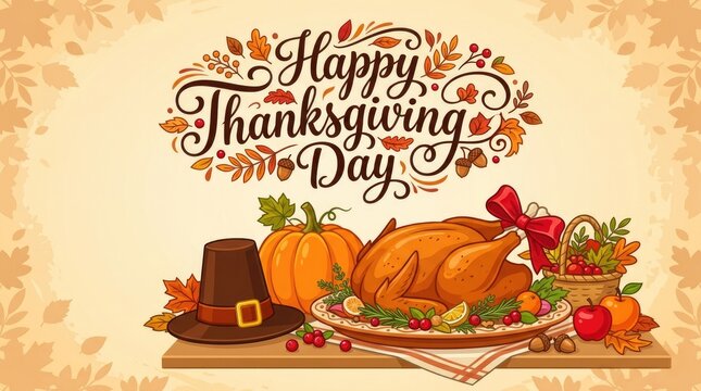Happy thanksgiving day greeting card design featuring a roasted turkey pumpkin and traditional pilgrim hat illustration