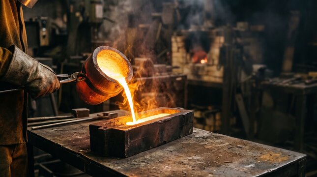 Molten gold poured into row of casting molds inside busy industrial foundry with glowing furnace