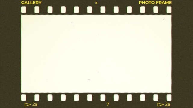 Vintage 35mm film frame overlay featuring authentic sprocket holes, text graphics like "Gallery" and "Photo Frame," retro dust, and subtle chromatic aberration.