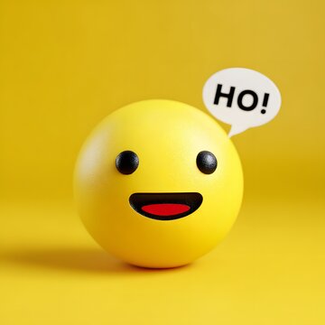 Smiley face emoji vector illustration with speech bubble playful HO text cheerful design and vibrant yellow background composition