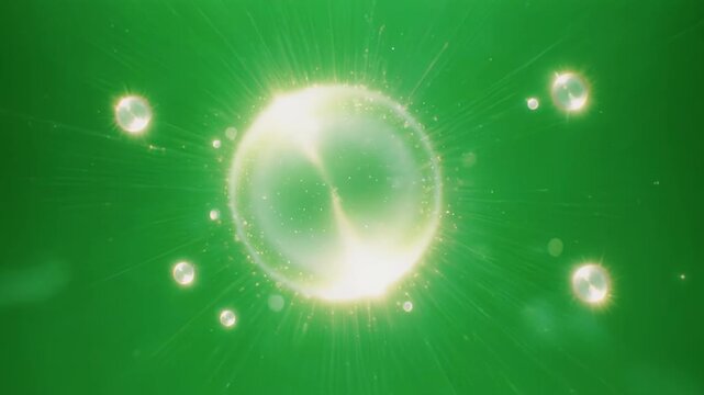 Abstract glowing orbs with light streaks in green background for technology or science concepts