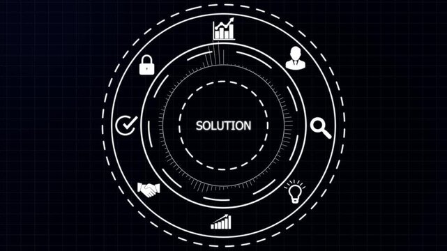 Abstract digital interface with white representing business solutions like security and growth on a dark grid background.4K animation motion graphic Video .