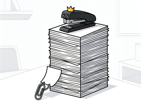 Black stapler with crown on stack of paper and paperclip