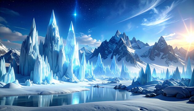 Epic frozen crystal world with towering luminous ice spires and pristine snow