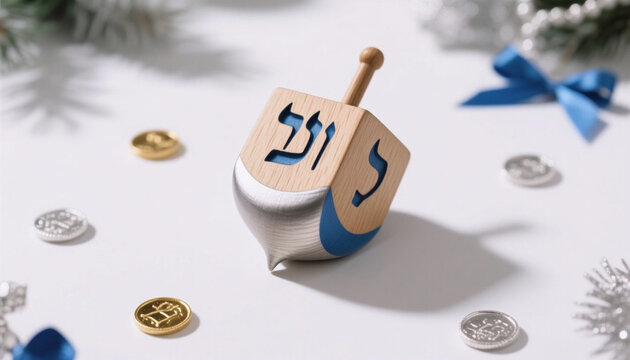 Wooden dreidel spinning with Hanukkah coins and chocolate gelt, festive Jewish holiday game, traditional toy for children and families, blue and gold decorations, celebration, joy and family togethern