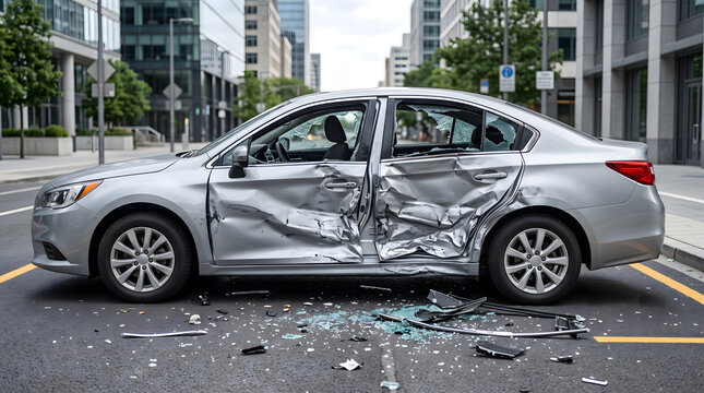 Damaged silver sedan after side-impact collision, wrecked car with smashed doors on city street, automotive accident and insurance claim concept