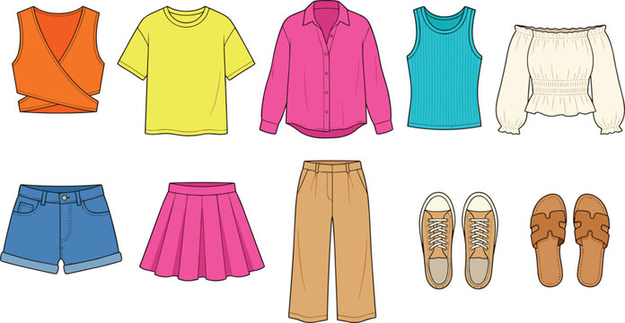 Clothing collection vector illustration with colorful shirts shorts and footwear