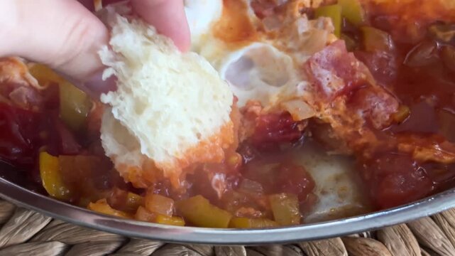 Dipping a piece of fresh crispy bread into hot homemade shakshuka sauce in a pan, delicious oriental breakfast concept