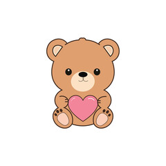 Obraz premium Cute teddy bear holding a pink heart vector illustration isolated on white background, Adorable cartoon brown bear sitting and hugging a pink heart for Valentine's Day