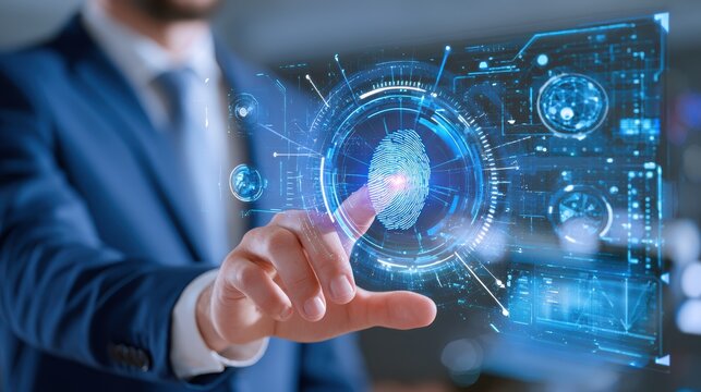 Businessman touching digital fingerprint biometric screen