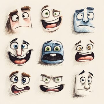 Cartoon emoji face grid vector illustration showing expressive emotions with exaggerated features in colorful artistic style