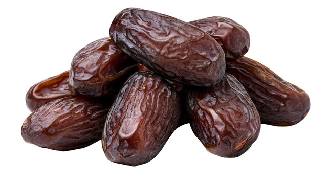 Pile of dark brown wrinkled Medjool dates, isolated on transparent background