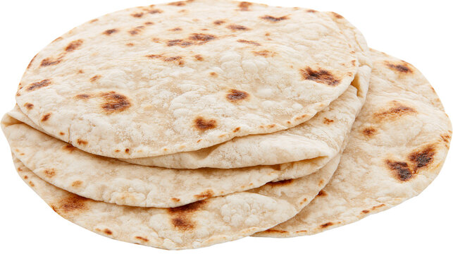 Stack of golden brown flour tortillas with charred spots, isolated on transparent background