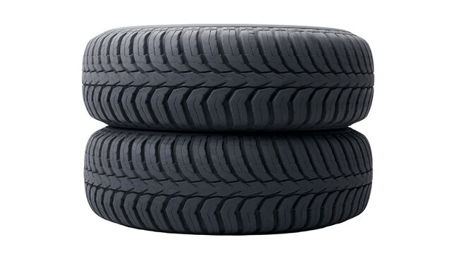 Two stacked black rubber car tires with deep tread patterns, isolated on transparent background