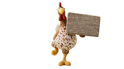 Whimsical chicken figurine holding a textured wooden sign, isolated on transparent background © iPNG