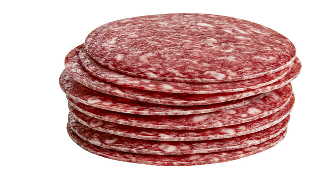 Stack of thinly sliced salami rounds, isolated on transparent background